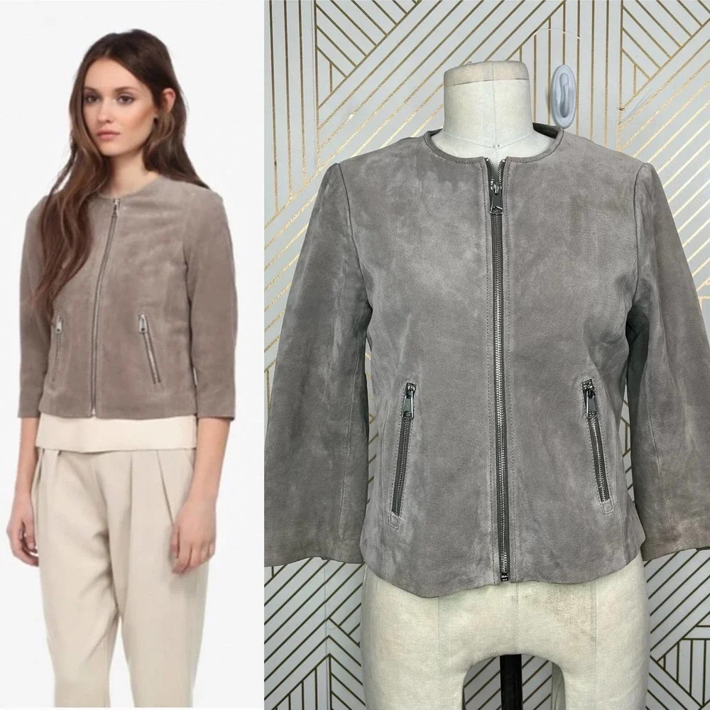 Soia + Kyo Collarless Zip Front Suede Jacket Tan Brown Size‎ US Small